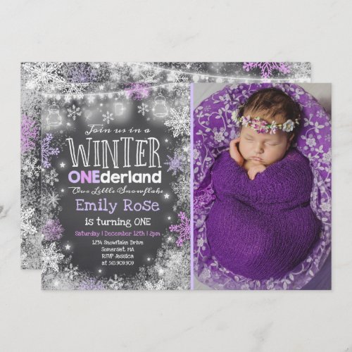 Winter ONEderland Birthday Invitation Purple White
