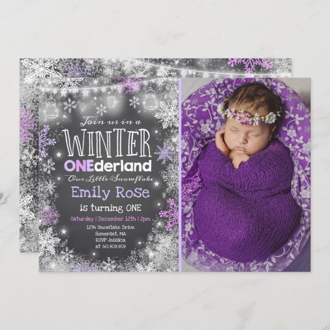 Winter ONEderland Birthday Invitation Purple White (Front/Back)