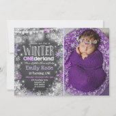 Winter ONEderland Birthday Invitation Purple White (Front)