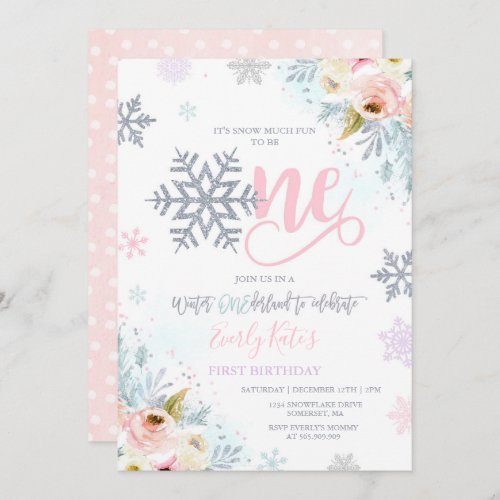 Winter ONEderland Birthday Invitation Silver Pink