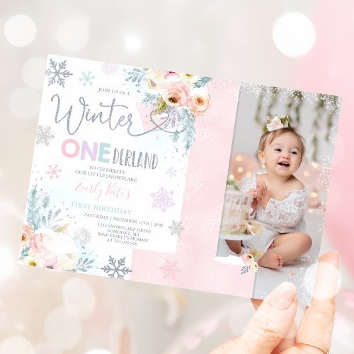 Winter ONEderland Birthday Invitation Silver Pink