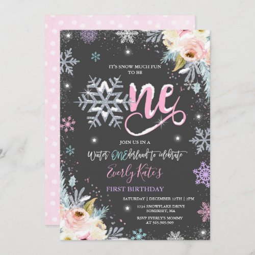 Winter ONEderland Birthday Invitation Silver Pink