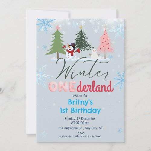 Winter ONEderland Birthday Invitation Snowman blue