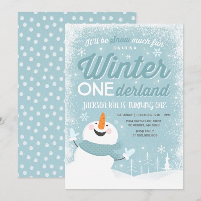 Winter ONEderland Birthday Invitation Snowman Blue (Front/Back)