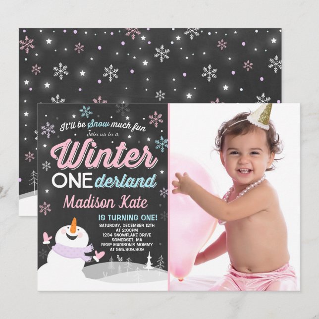 Winter ONEderland Birthday Invitation Snowman Pink (Front/Back)