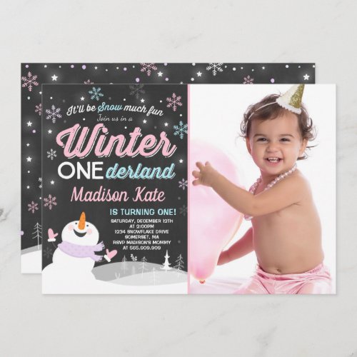 Winter ONEderland Birthday Invitation Snowman Pink