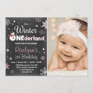 Winter Onederland birthday invitation snowman Pink
