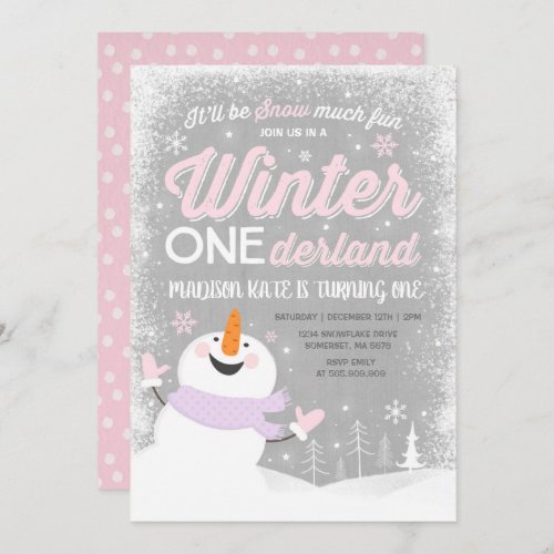 Winter ONEderland Birthday Invitation Snowman Pink