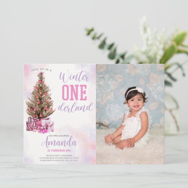 Winter Onederland Birthday Invitation With Photo (Standing Front)