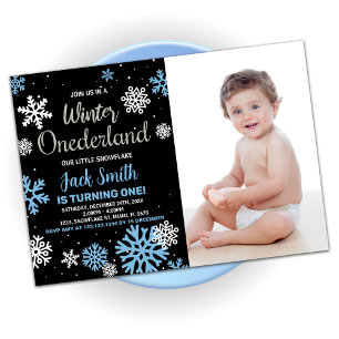 Winter Onederland Birthday Invitations Black Photo