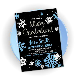 Winter Onederland Birthday Invitations Blue Black