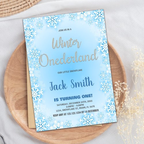 Winter ONEderland Birthday Invitations Blue Snow