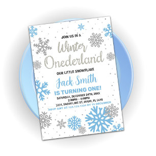 Winter Onederland Birthday Invitations Blue White
