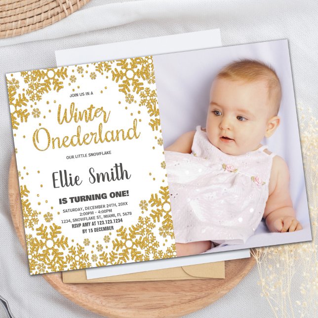 Winter ONEderland Birthday Invitations Gold Photo (Winter ONEderland Birthday Invitations Gold Photo)