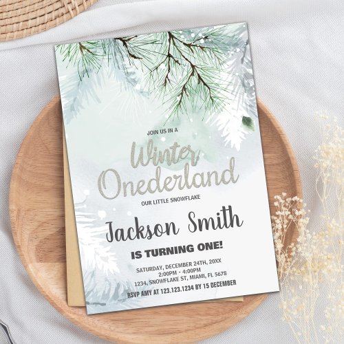 Winter ONEderland Birthday Invitations Pine Green