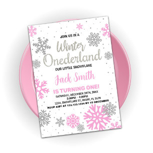 Winter Onederland Birthday Invitations Pink White
