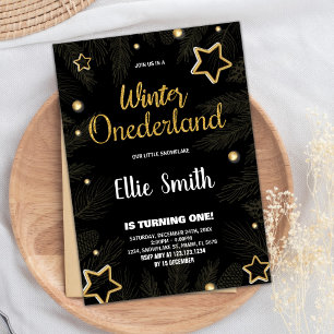 Winter ONEderland Birthday Invitations Star Black