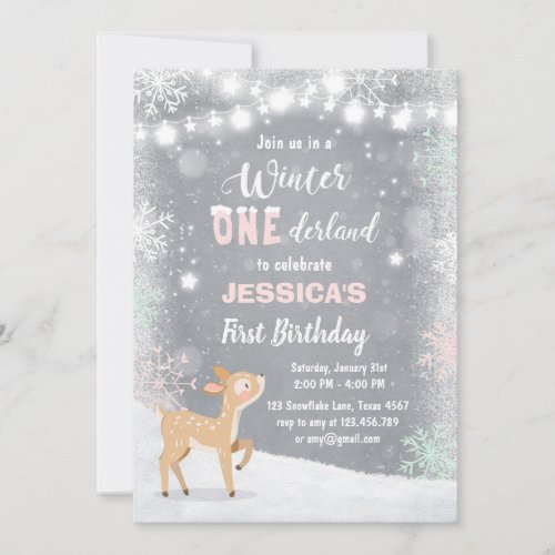 Winter Onederland birthday invite Mint pink deer