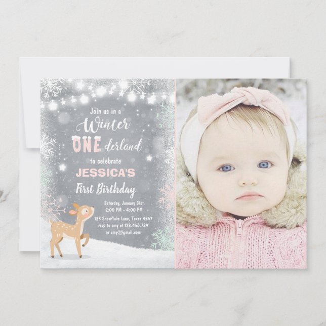 Winter Onederland birthday invite Mint pink deer (Front)