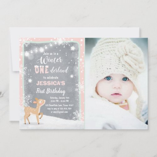 Winter Onederland birthday invite Mint pink deer