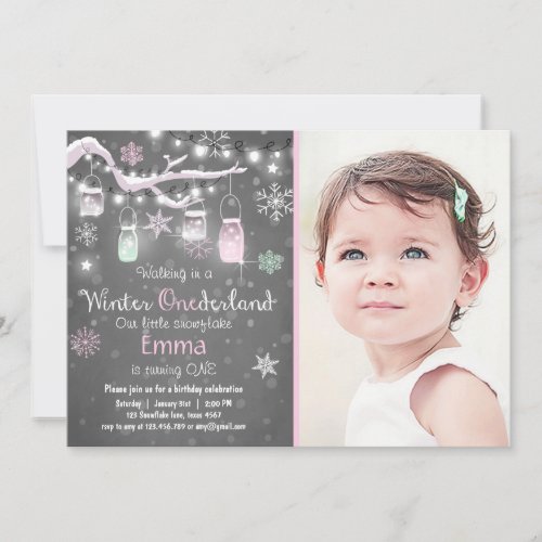 Winter Onederland birthday invite Mint pink Lights