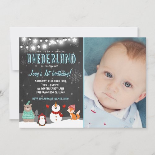 Winter ONEderland birthday party invitation blue