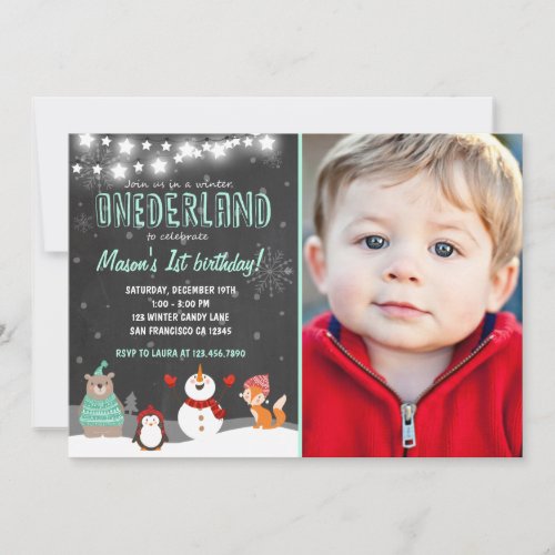 Winter ONEderland birthday party invitation Mint