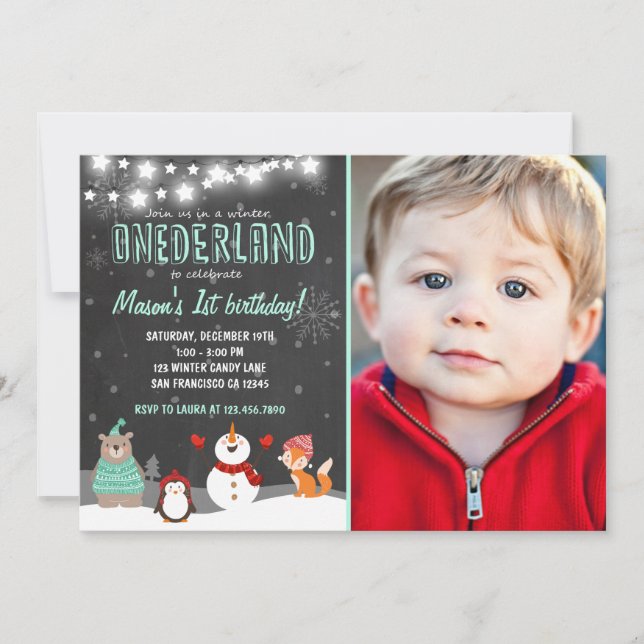 Winter ONEderland birthday party invitation Mint (Front)