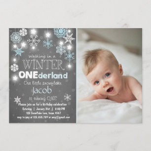 Winter Onederland birthday party invite Blue boy