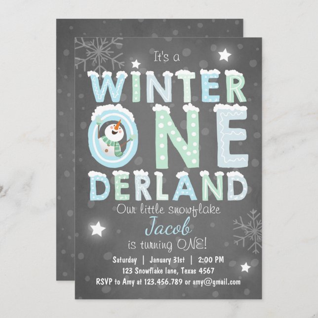 Winter Onederland birthday party invite Boy Blue (Front/Back)