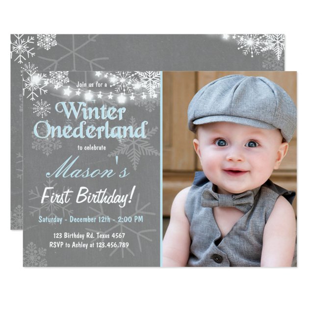 Winter Onederland Birthday Party Invite Boy Blue