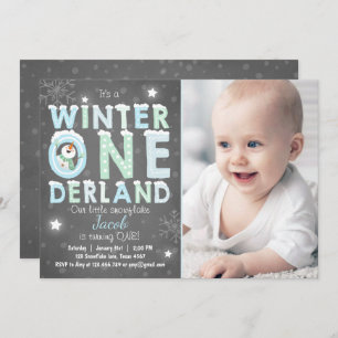 Winter Onederland birthday party invite Boy Blue