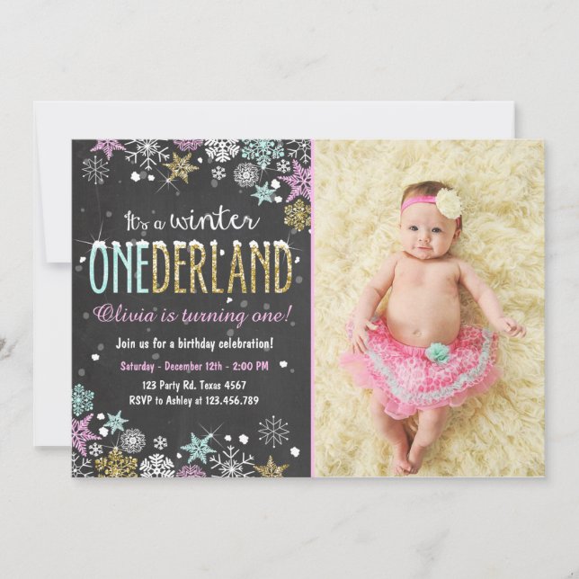 Winter Onederland birthday party invite Girl (Front)