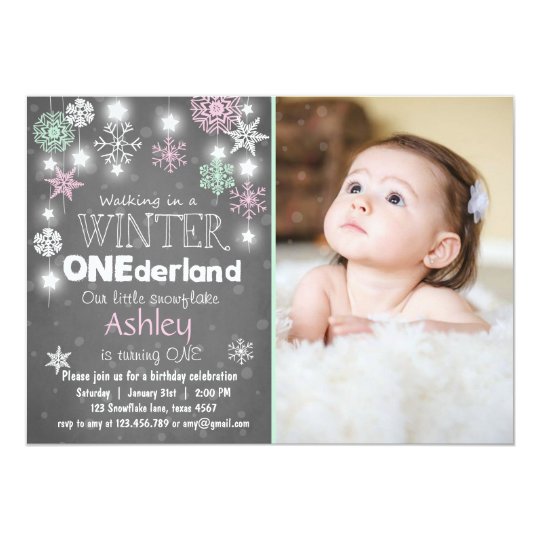Winter Onederland Birthday Party Invite Mint Pink Zazzle Com Winter Onederland Invitation Template Free