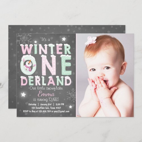 Winter Onederland birthday party invite Mint pink