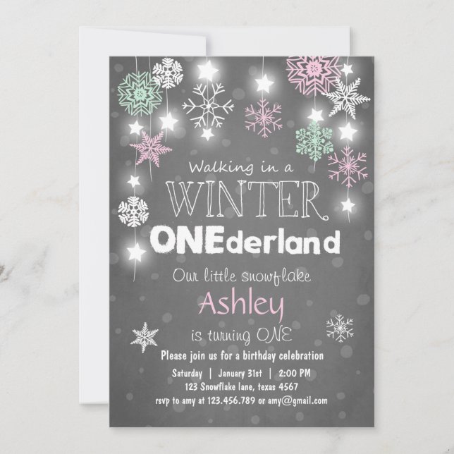 Winter Onederland birthday party invite Mint pink (Front)