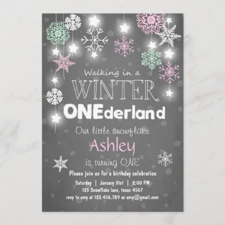Winter Onederland Birthday Party Invite Mint Pink