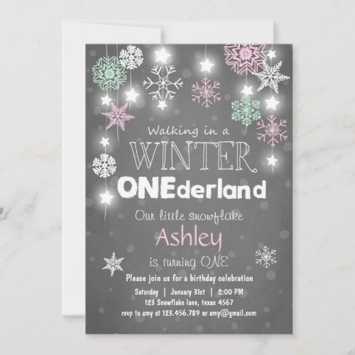 Winter Onederland birthday party invite Mint pink