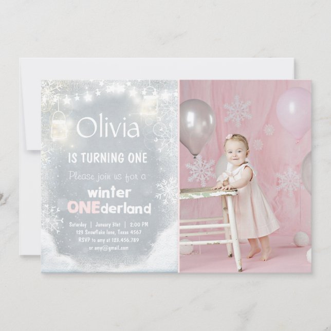 Winter Onederland birthday party invite Snow pink (Front)