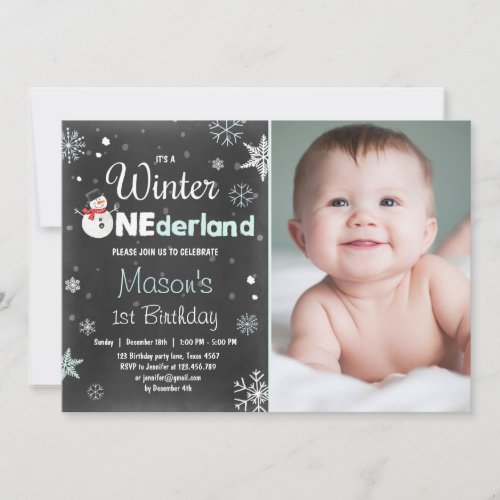 Winter Onederland birthday party snowman Mint Blue Invitation