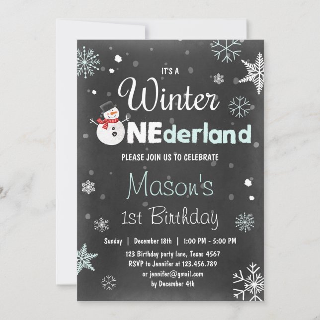 Winter Onederland birthday party snowman Mint Blue Invitation (Front)
