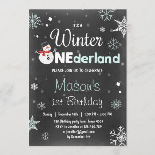 Winter Onederland birthday party snowman Mint Blue Invitation