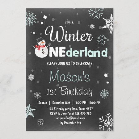 Winter Onederland Birthday Party Snowman Mint Blue Invitation