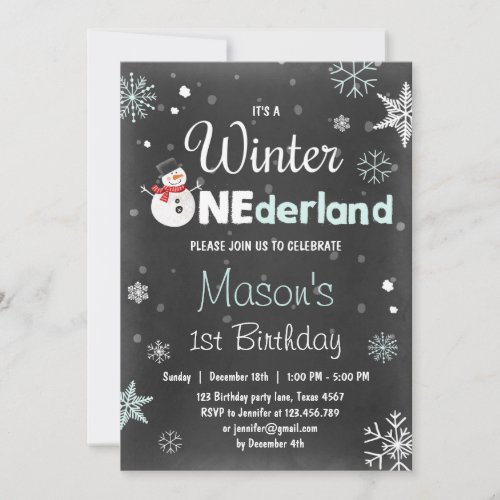 Winter Onederland birthday party snowman Mint Blue Invitation