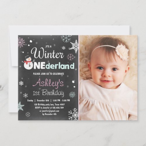 Winter Onederland birthday party snowman Mint Pink Invitation