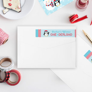 Winter ONEderland Birthday Penguin Blue and Red Wrap Around Label