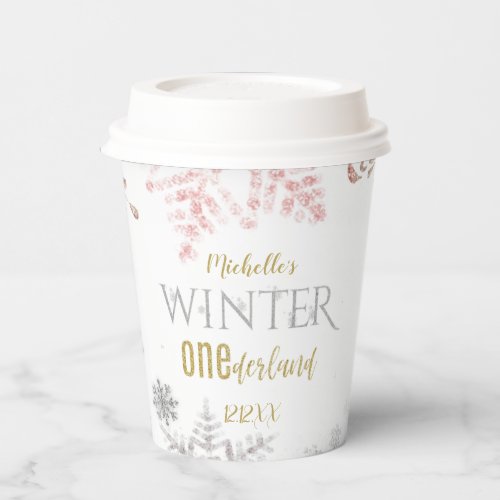 Winter Onederland Birthday Pink Gold Snowflake Paper Cups