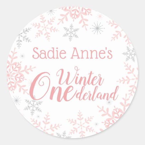 Winter ONEderland Birthday Pink Silver Glitter Classic Round Sticker