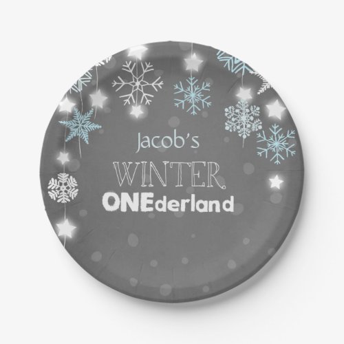 Winter onederland Birthday Plates Snowflakes Blue