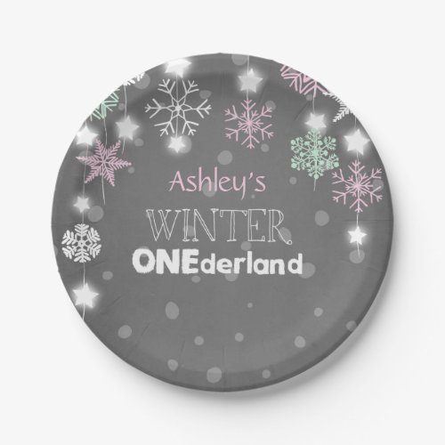 Winter onederland Birthday Plates Snowflakes Pink